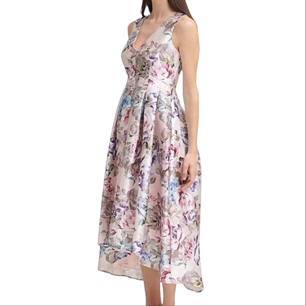 Eliza J Floral High-Low Midi Dress in Blush Pink and Multi